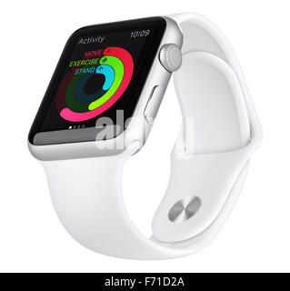 Varna, Bulgaria - October 18, 2015: Apple Watch Sport 42mm Silver Aluminum Case with White Sport Band with activity app. Stock Photo