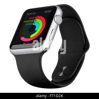Varna, Bulgaria - October 18, 2015: Apple Watch Sport 42mm Silver Aluminum Case with Black Sport Band with activity app. Stock Photo