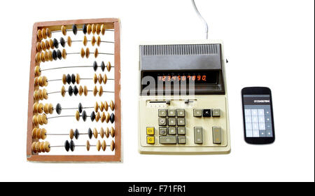 evolution of calculation abacus vintage calculator and modern gadget isolated on white background Stock Photo