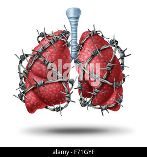 Lung pain medical concept as a pair of human lungs organ wrapped with dangerous barbed or barb wire as a health care symbol of cardiovascular problems as cystic fibrosis or chest pain metaphor. Stock Photo