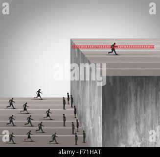 Business innovation advantage concept as a group of businesspeople running into a high wall obstacle with one clever competitive businessman using a ladder to climb and carrying the tool with him to deny the competition of opportunity.