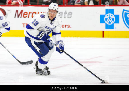 Nov. 1, 2015 - Raleigh, North Carolina, U.S - Tampa Bay Lightning left wing Ondrej Palat (18) during the NHL game between the Tampa Bay Lightning and the Carolina Hurricanes at the PNC Arena. (Credit Image: © Andy Martin Jr. via ZUMA Wire) Stock Photo