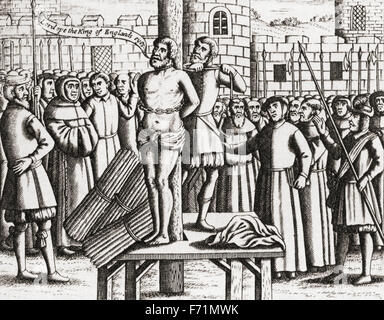 The martyrdom of William Tyndale at Vilvoorde Castle, Brussels in 1536.   William Tyndale, also spelled Tynsdale, Tindall, Tindill, Tyndall c. 1494–1536.  English scholar who became a leading figure in Protestant reform.  After an engraving in Foxe's Acts and Monuments of Martyrs, 1684. Stock Photo