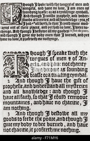 A comparison between Tynedale's Bible, 1528: I Corinthians, chapter 13, 1-3, (top) and Authorised King James Version, 1611: I Corinthians, chapter 13, 1-3, (bottom). Stock Photo