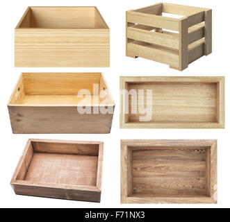 Empty wooden boxes isolated on white background Stock Photo