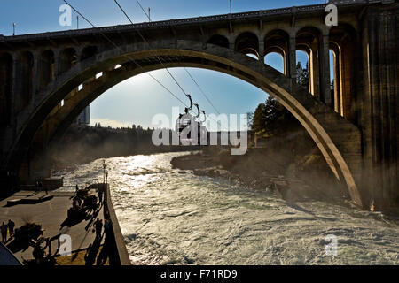 Skyride gondolas cross Spokane River directly below the waterfall then pass under Monroe Bridge from Huntington Park; Spokane. Stock Photo