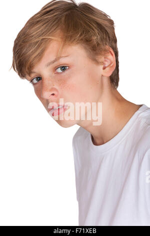 Studio Cut Out Portrait of Teenage Boy Child in White T-shirt Stock Photo