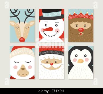 Merry Christmas design set. Cute retro designs of winter xmas characters: santa, bear, penguin, deer, elf and polar bear. Stock Vector