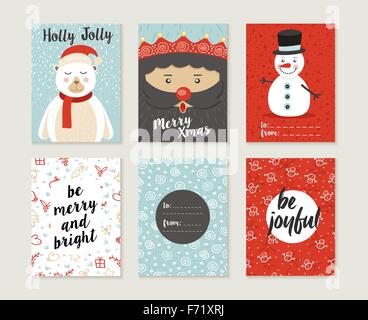 Merry Christmas greeting card set with cute polar bear, santa elf and snowman retro designs. Includes holiday themed patterns Stock Vector