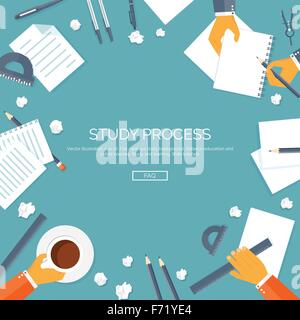 Vector illustration. Flat backgrounds set. Distance education, learning. Online courses, web school. Knowledge, information. Study process. E-learning. Stock Vector