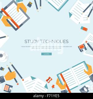 Vector illustration. Flat backgrounds set. Distance education, learning. Online courses, web school. Knowledge, information. Study process. E-learning. Stock Vector