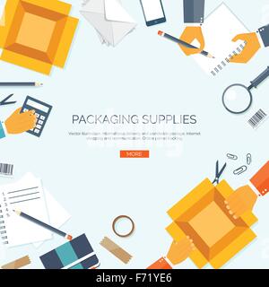 Vector illustration. Packaging supplies. Delivery. Carton box. Loupe, diary,papers. Stock Vector