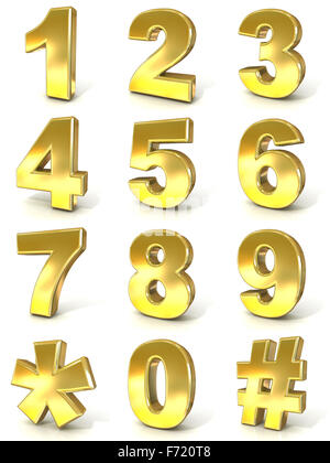 Numerical digits collection, 0 - 9, plus hash tag and asterisk. 3D golden signs isolated on white background. Render illustratio Stock Photo