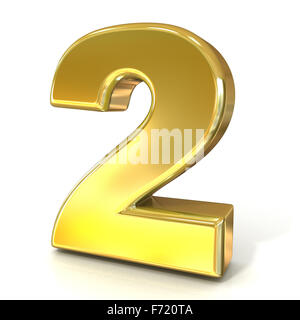 Numerical digits collection, 2 - TWO. 3D golden sign isolated on white background. Render illustration. Stock Photo