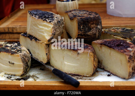 A selection of  Tuscan Pecorino cheeses on display at a market in Italy. Stock Photo