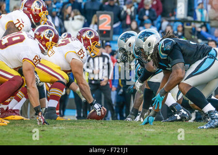 Charlotte, North Carolina, USA. 22nd Nov, 2015. NC, The line of scrimmage between the Carolina Panthers and the Washington Redskins in an NFL game on November 22, 2015, at Bank of America in Charlotte, North Carolina. The Panthers defeated the Redskins 44-16.Margaret Bowles/CSM/Alamy Live News Stock Photo