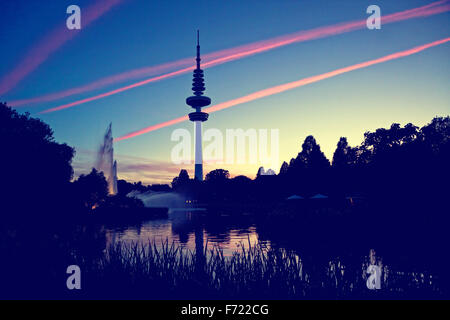 HAMBURG, GERMANY - JUNE 25, 2014: Hamburg Television tower (Heinrich-Hertz-Turm) after sunset. Tower named after the German physicist and Hamburg-born Heinrich Hertz is a famous landmark of Hamburg Stock Photo