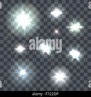 Set of vector lens flares beams and flashes on transparent background Stock Vector