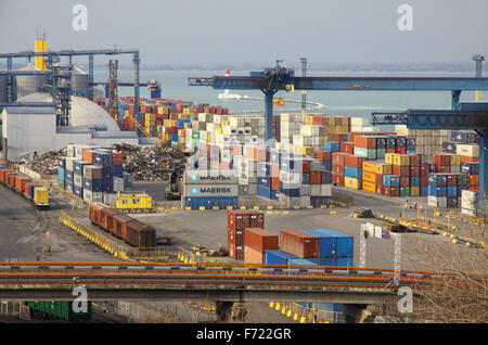 ODESA, UKRAINE - MARCH 6, 2012: Industrial landscape of Odesa seaport on March 6, 2012 in Odesa, Ukraine. Odesa Marine Trade Port is the largest Ukrainian seaport and one of the largest ports in Black Sea basin Stock Photo