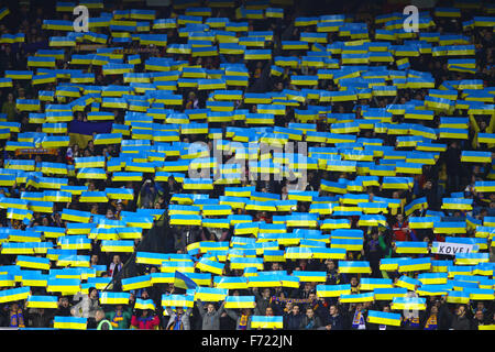 KYIV, UKRAINE - NOVEMBER 15, 2013: Ukraine national football team supporters show their support during FIFA World Cup 2014 quali Stock Photo