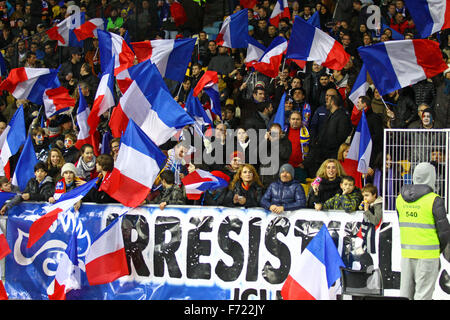 KYIV, UKRAINE - NOVEMBER 15, 2013: France national football team supporters show their support during FIFA World Cup 2014 qualif Stock Photo