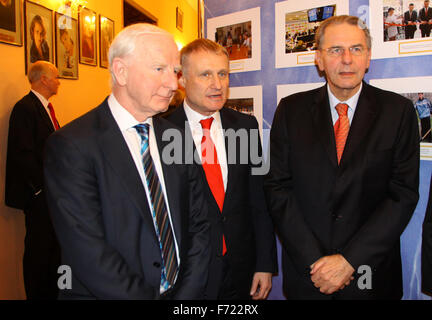 KYIV, UKRAINE - DECEMBER 17, 2010: President of European Olympic Committee Patrick Joseph Hickey (L), President of Football Federation of Ukraine Grygorii Surkis (C) and President of International Olympic Committee Jacques Rogge give an interview during Rogge's official visit to Ukraine on December 17, 2010 in Kyiv, Ukraine Stock Photo