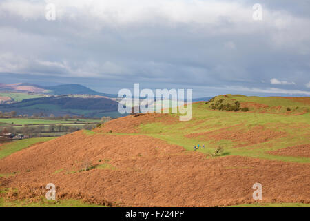 Looking west across Shropshire countryside towards Nordy Bank Iron Age hill fort, from Brown Clee Hill, Shropshire, England, UK Stock Photo