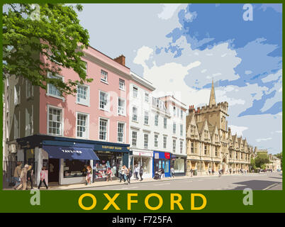 A poster style illustration from a photograph of High Street, Oxford, Oxfordshire, England, UK Stock Photo