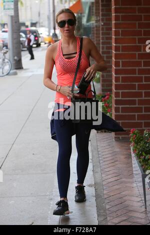 Alex Gerrard and her daughters Lexie and Lilly-Ella get their nails done together and pick up fresh juices  Featuring: Alex Gerrard Where: Los Angeles, California, United States When: 23 Oct 2015 Stock Photo