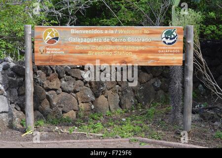 Welcome sign at the Galapaguera giant tortoise breeding centre, Isla San Cristobal, Galapagos Islands. Stock Photo