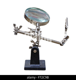 Magnifying glass with a clamp on the stand on a white background Stock Photo
