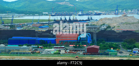 terminal for handling coal from railway wagons to the ship Russia Port Vostochny Stock Photo