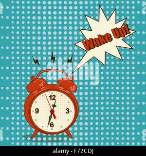 Orange alarm clock in pop art style on blue background - Vector Illustration Stock Vector