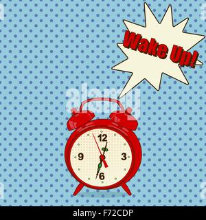 Red alarm clock in pop art style on blue background- Vector Illustration Stock Vector