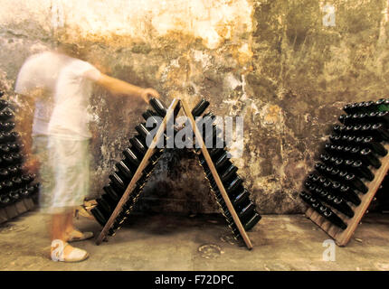 Wine bottles are stacked on a cellar on a vineyard in the island of Mallorca Stock Photo