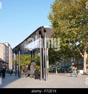 Pedestrianised area of Binfield Road with bus shelter. Binfield Road Bus Shelter, Stockwell Framework Masterplan, London, United Stock Photo