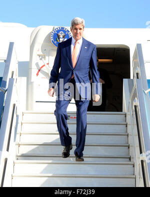 Tel Aviv, Israel. 24th Nov, 2015. Visiting U.S. Secretary of State John Kerry arrives at Ben Gurion Airport near Tel Aviv, Israel, on Nov. 24, 2015. Kerry arrived here on Tuesday morning to pay a visit to Israel and the West Bank in hopes of curtailing the two-month long wave of violence. Credit:  U.S. Embassy to Israel/Matty Stern/Xinhua/Alamy Live News Stock Photo