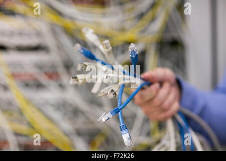 Technician holding bunch of cables Stock Photo