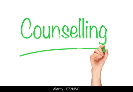 Counselling, written in marker on a clear screen. Stock Photo