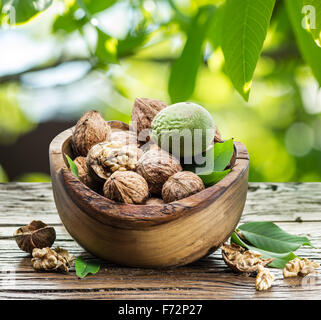 Walnuts in the wooden bowl on the table under the walnut-tree. Stock Photo