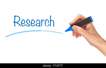 Research, written in marker on a clear screen. Stock Photo