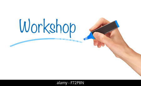 Workshop, written in marker on a clear screen. Stock Photo