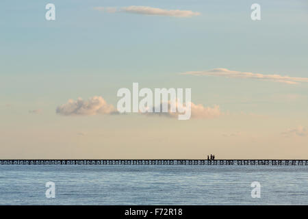 Panorama of the indigenousness people from the Bajo village on the Togean Islands crossing the bridge to the mainland, Indonesia, Asia