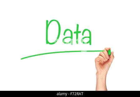 A woman's hand writing the word, Data, on a clear screen. Stock Photo