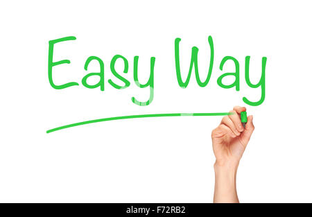 A woman's hand writing the word, Easy Way, on a clear screen. Stock Photo