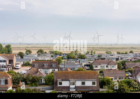 Wind turbines, Camber Sands, Rye, Sussex, England, GB, UK. Stock Photo