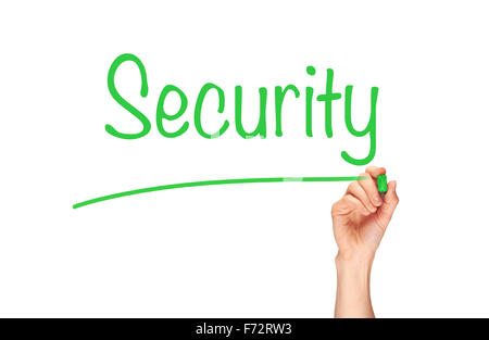 A woman's hand writing the word, Security, on a clear screen. Stock Photo