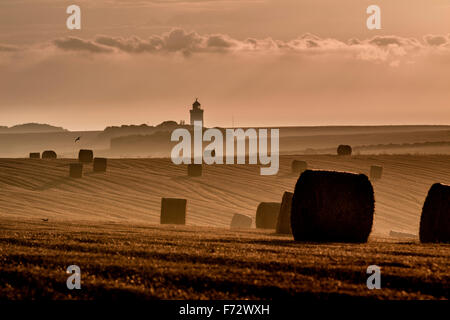 Dover coastline farmland with South Foreland Lighthouse near St. Margaret's Bay in the distance. Stock Photo