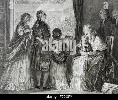 French Revolution. King Louis XVI of France and the Royal Family take cover in the Assembly after the assault on the Tuileries (August 1792) and the suspension on the functions of King Louis XVI. Engraving in History of France, 1900. Stock Photo