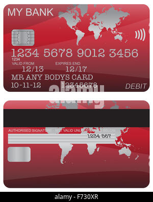 Front and back of a red world map debit card design with detail isolated on a white background Stock Photo